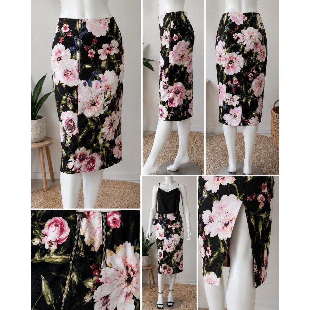 7th Avenue New York & Company Size 12 Black  Pink Stretch Pencil Skirt Midi
